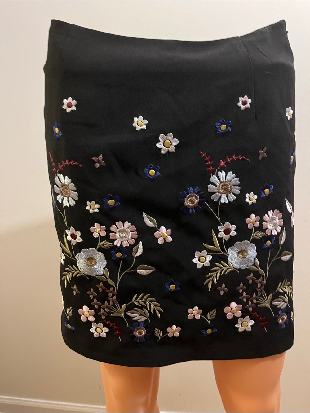 Black Embroidered Floral Mini Skirt